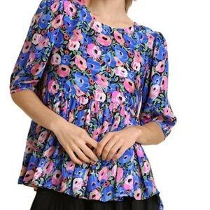 NWOT Umgee Blue and Pink Ruffled 3/4 Sleeve Blouse